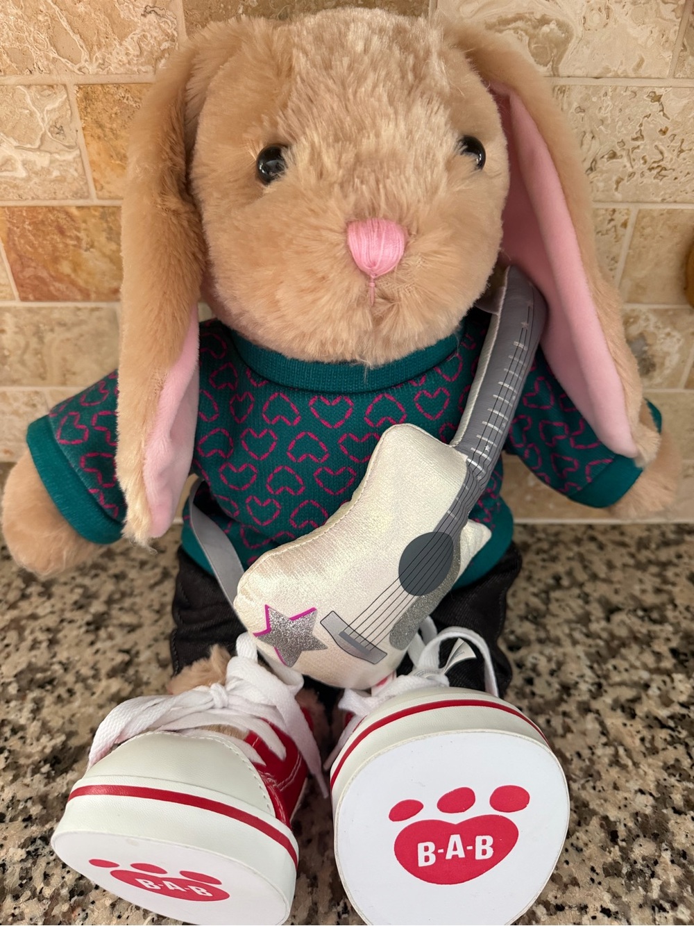 Build-A-Bear Tan Rockstar Bunny with Pink Nose, Teal & Pink Sweater